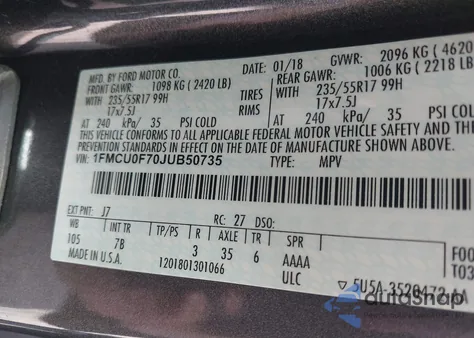 2018 Ford Escape S z USA, uszkodzony, nr VIN 1FMCU0F70JUB50735